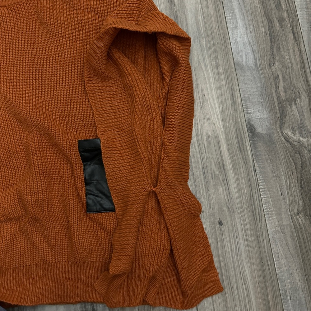 Orange Oversized Sweater Ponch with Black Leather Pockets - Picture 3 of 4
